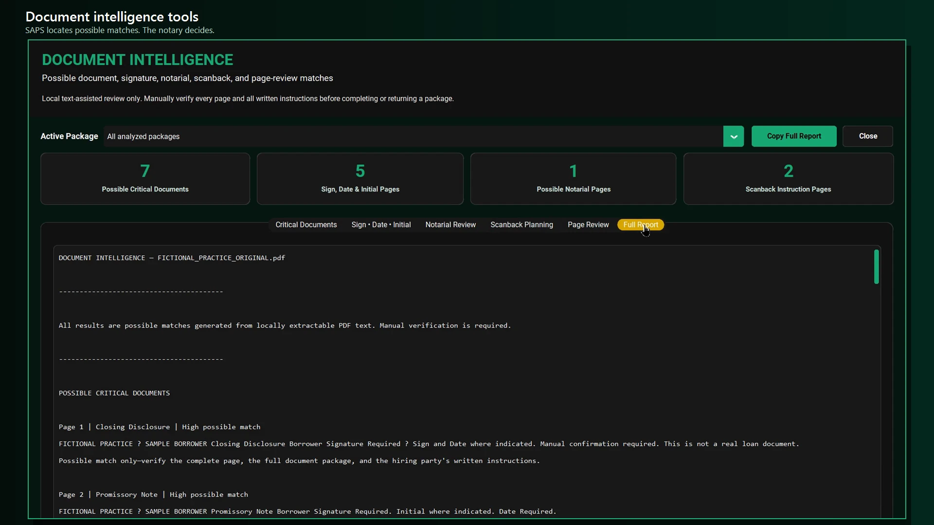 Actual SAPS Windows screenshot: Document Intelligence with possible critical documents, sign/date/initial pages, notarial pages, and scanback pages.
