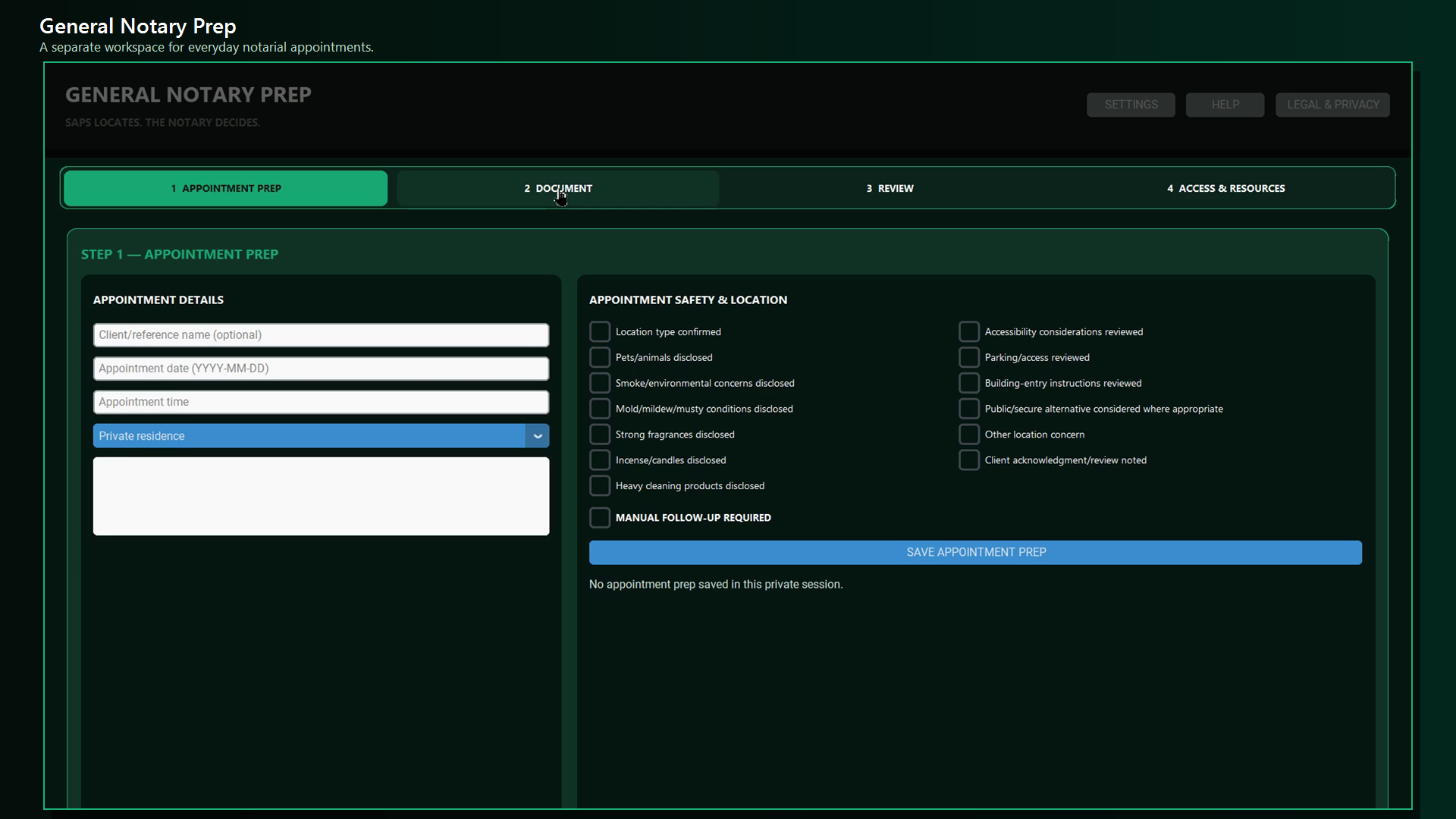Actual SAPS Windows screenshot: General Notary Prep with appointment details and safety and location checklist.