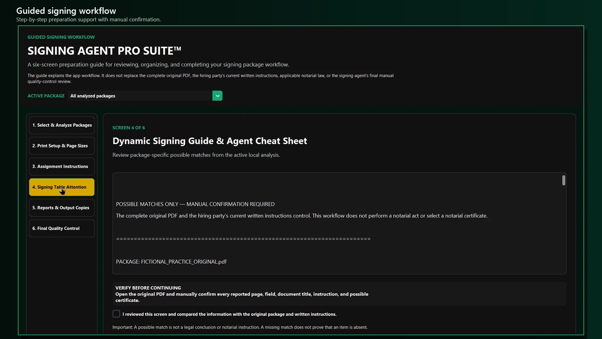 Actual SAPS Windows screenshot: guided signing workflow, screen 4 of 6, Signing Table Attention.